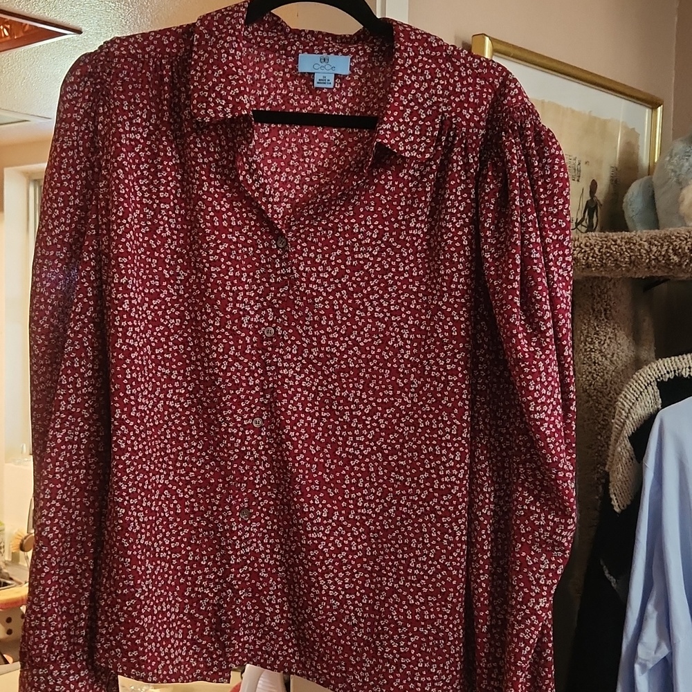 CeCe Burgundy Printed Button-Down Blouse